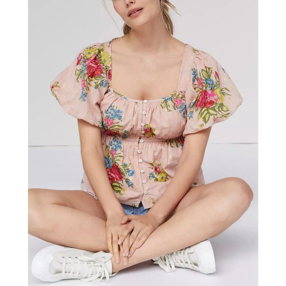 ANTHROPOLOGIE Love The Label Rosette Babydoll Top S Pink Floral Puff Sleeve Boho